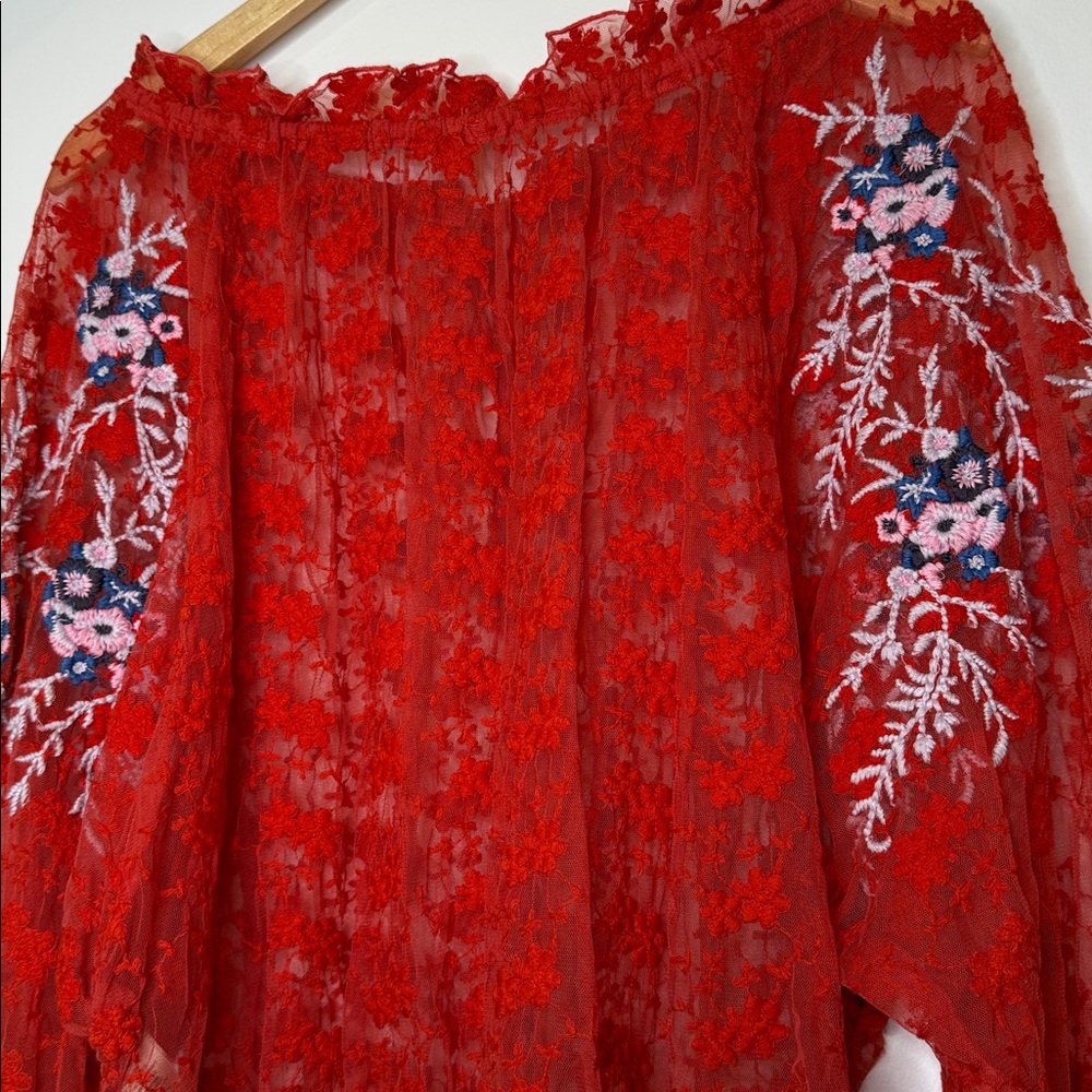 Free People red jubilee floral embroidered sheer peasant top size small - Picture 12 of 12